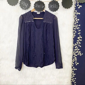 ANTHROPOLOGIE TINY Navy‎ Sheer Sleeve Embroidered Blouse